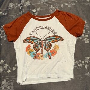 Hollister White and Brown Butterfly Short Sleeve Baby Tee Size Medium